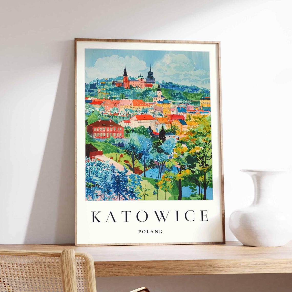 Katowice Poland Hillside Town Churches Green Trees View Poster
