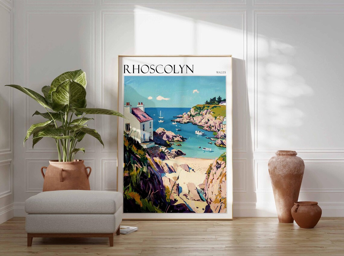 Rhoscolyn Wales Cottage Above Rocky Bay With Boats Art Poster - Image 4