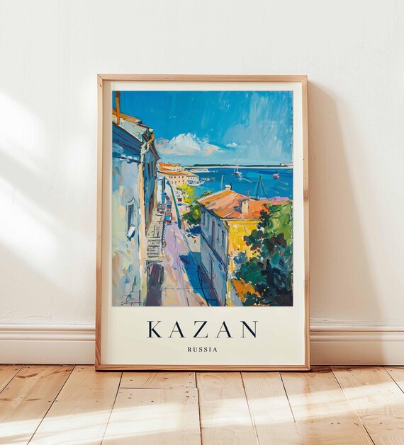 Kazan Russia Sunlit Waterfront Cobalt Blue Street Painting Art Poster