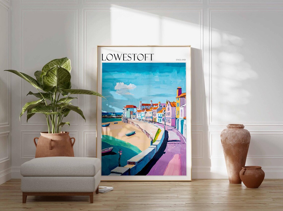 Lowestoft England Curving Promenade Beach Teal Sea Houses Poster - Image 3
