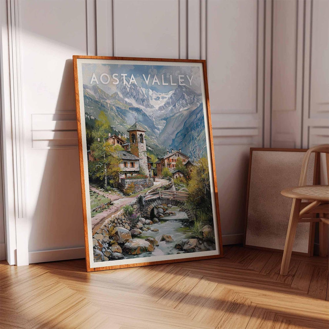 Aosta Valley Italy Stone Bridge Over Stream Bell Tower Poster - Image 2