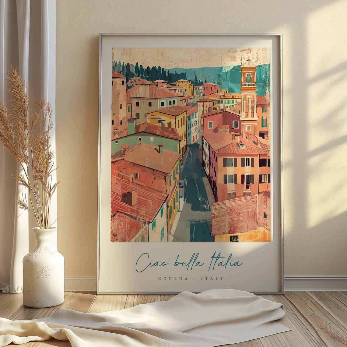 Modena Italy Rooftops Collage Bell Tower Teal Hills Art Poster - Image 2