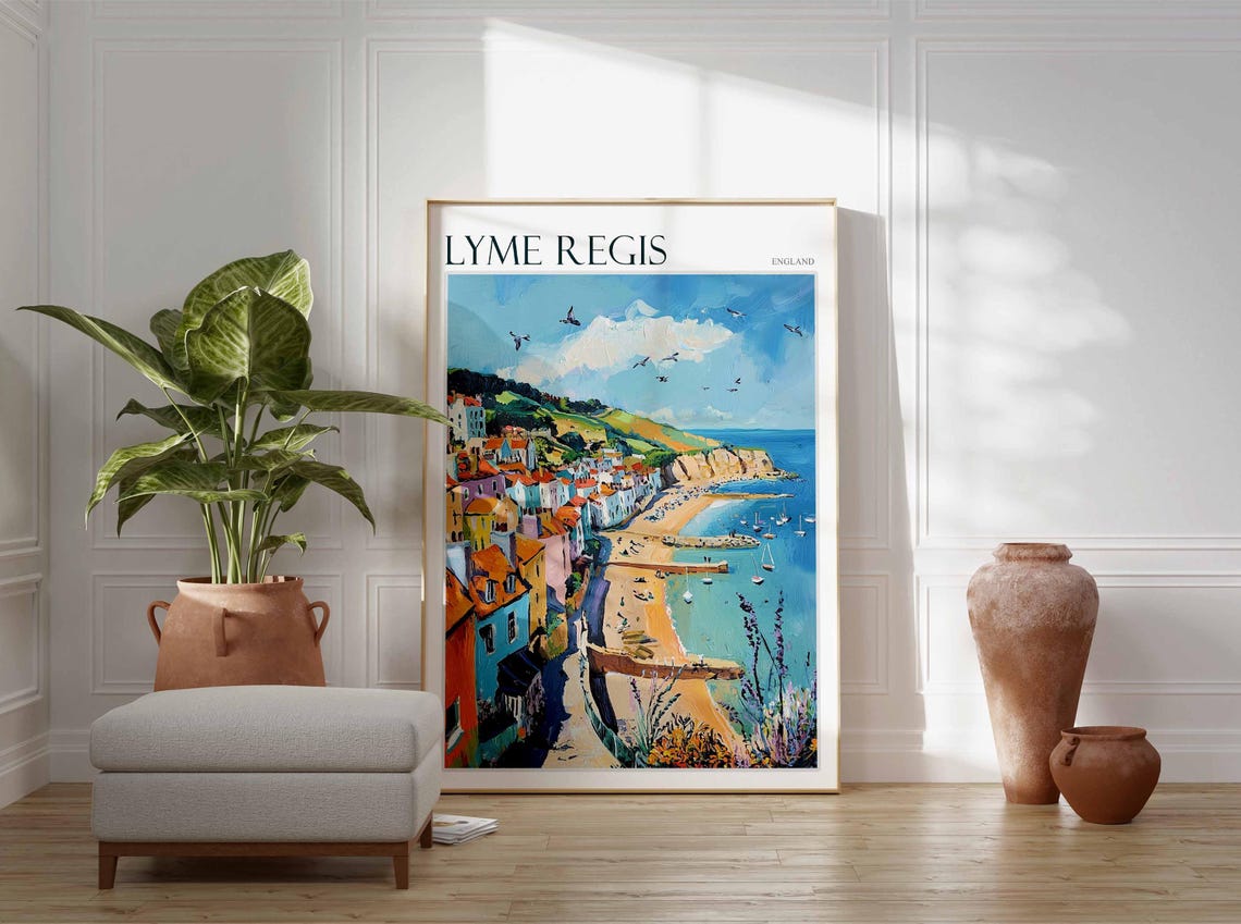 Lyme Regis England Colorful Coastal Town Harbor Beach Scene Poster - Image 3