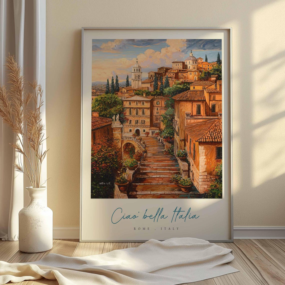 Rome Italy Sunset Steps Bell Tower Old Town Watercolor Poster - Image 2