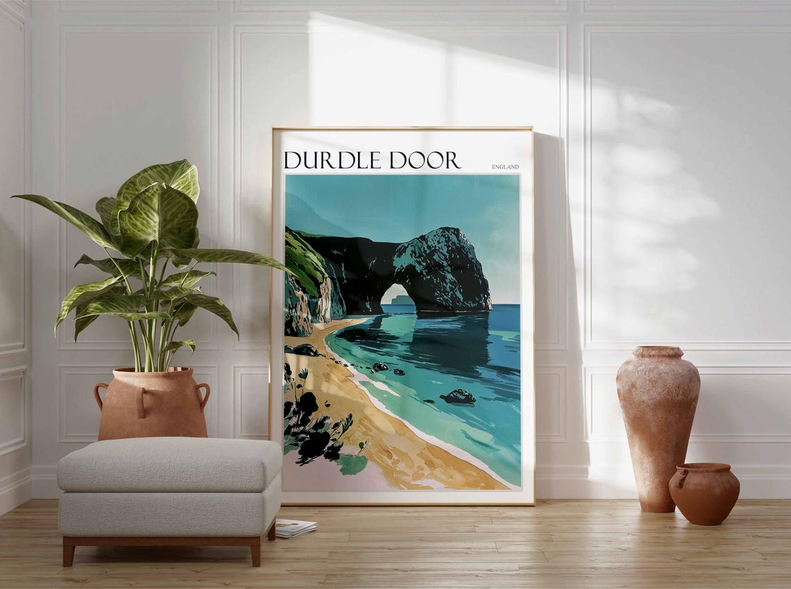 Durdle Door England Retro Stone Arch Teal Beach Illustration Poster - Image 3