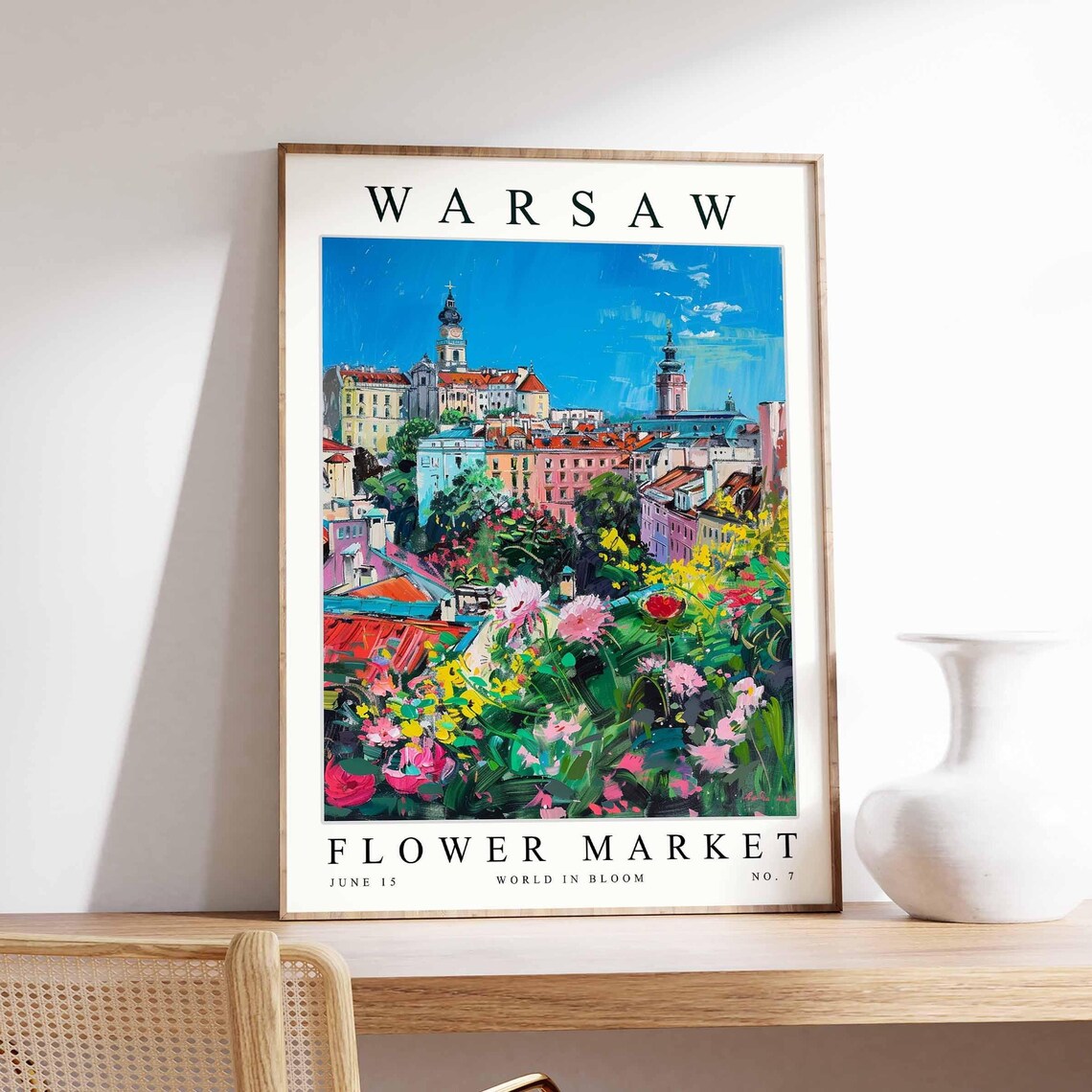 Warsaw Flower Market Pastel Rooftops Pink Blossom Garden Poster