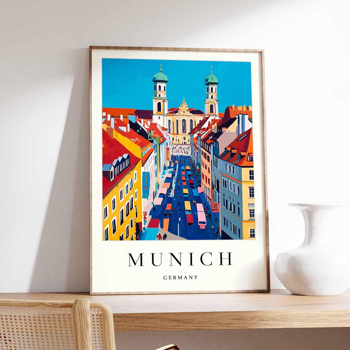 Munich Twin Church Towers Above Bustling Market Street Poster