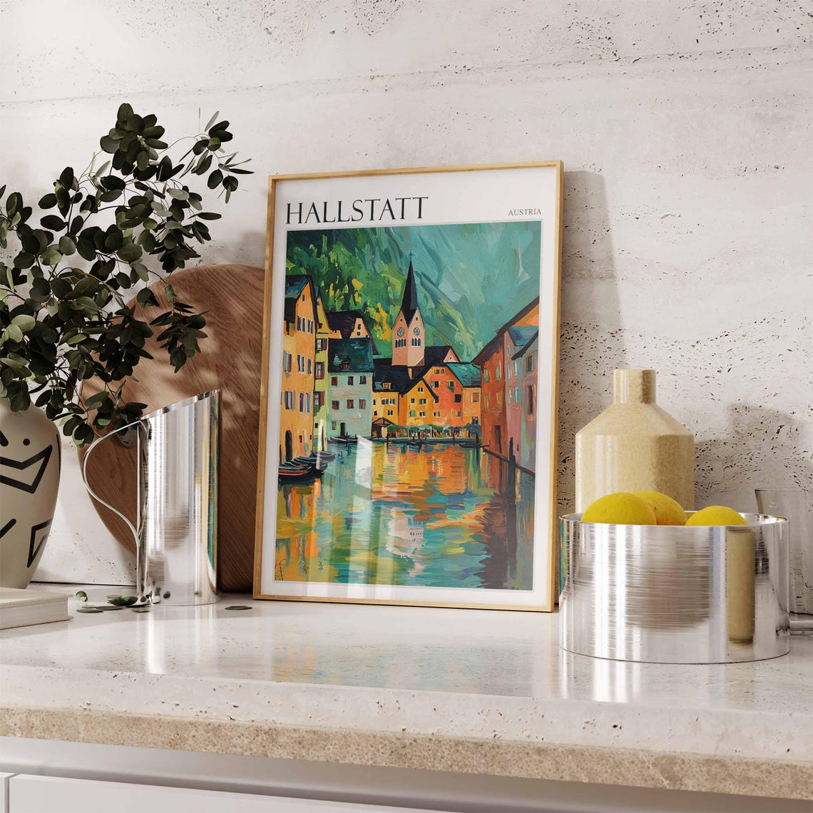Hallstatt Austria Canal Boats Church Tower Reflection Travel Poster - Image 2
