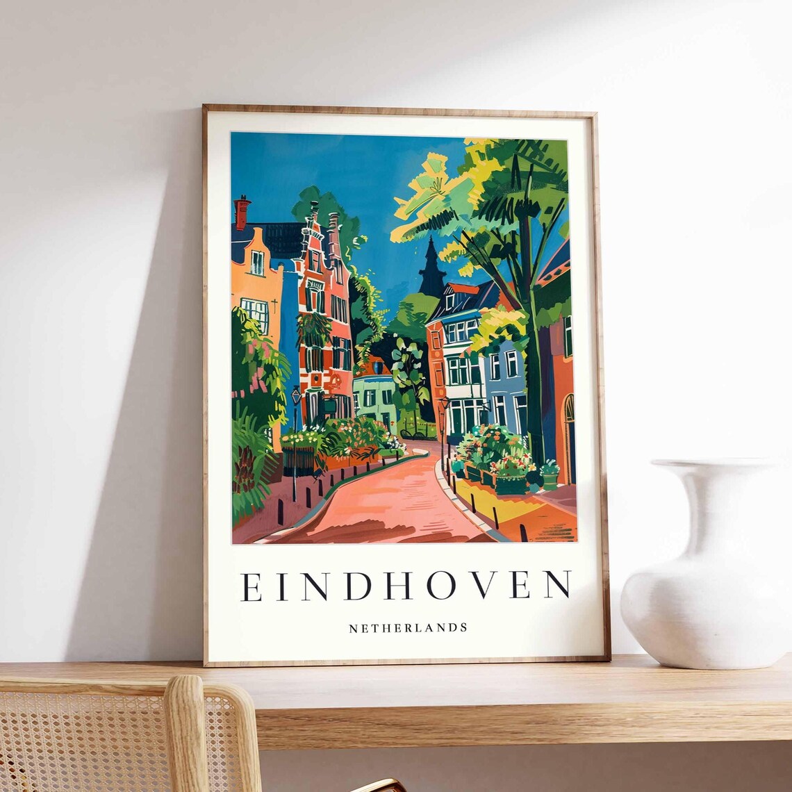 Eindhoven Netherlands Colorful Canal Street Travel Illustration Poster