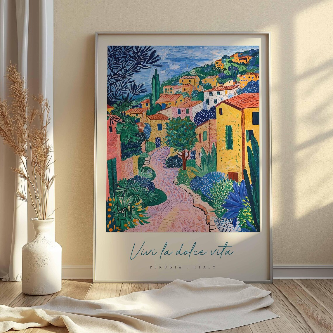 Perugia Italy Bold Colorful Village Street Artwork Travel Poster - Image 2