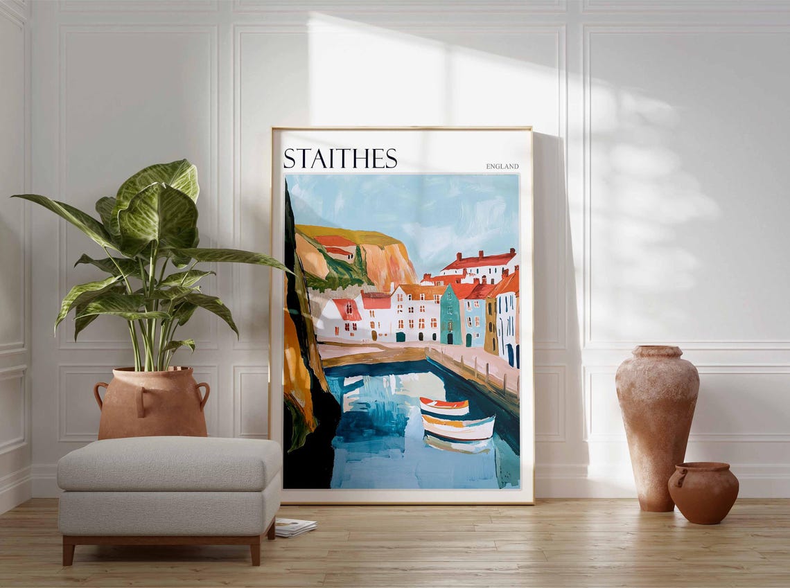 Staithes White Cottages Harbor Boats Gouache Coastal England Poster - Image 2