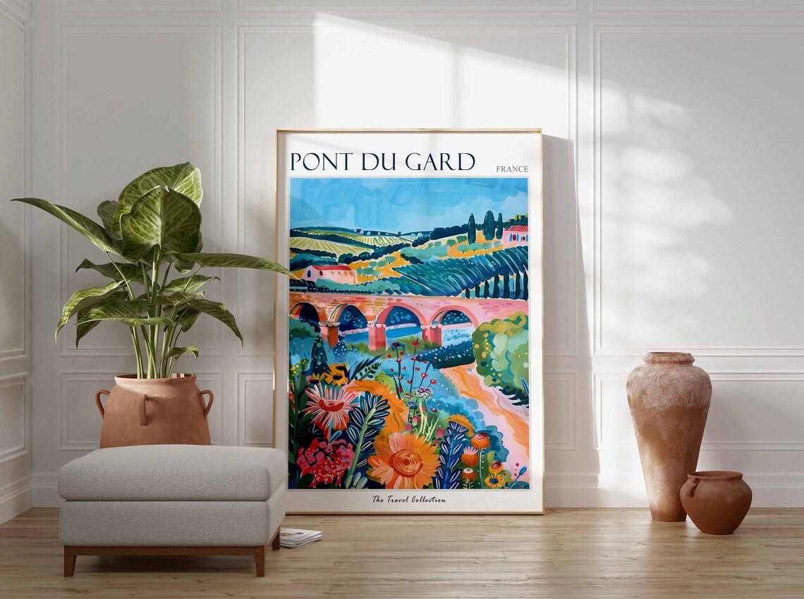 Pont du Gard France Wildflower Meadow Arches Painting Travel Poster - Image 3