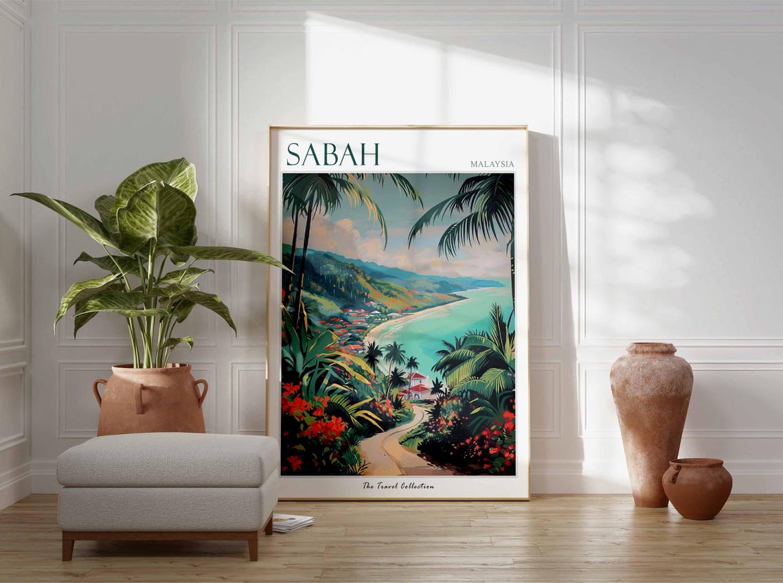 Sabah Malaysia Winding Road Curved Bay Tropical Foliage View Poster - Image 2