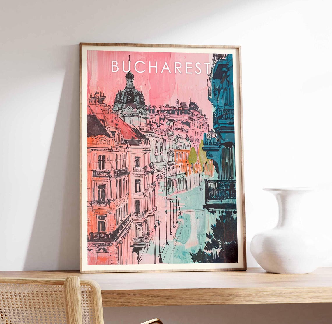 Bucharest Pink Street Sketch City Architecture Vintage Art Poster