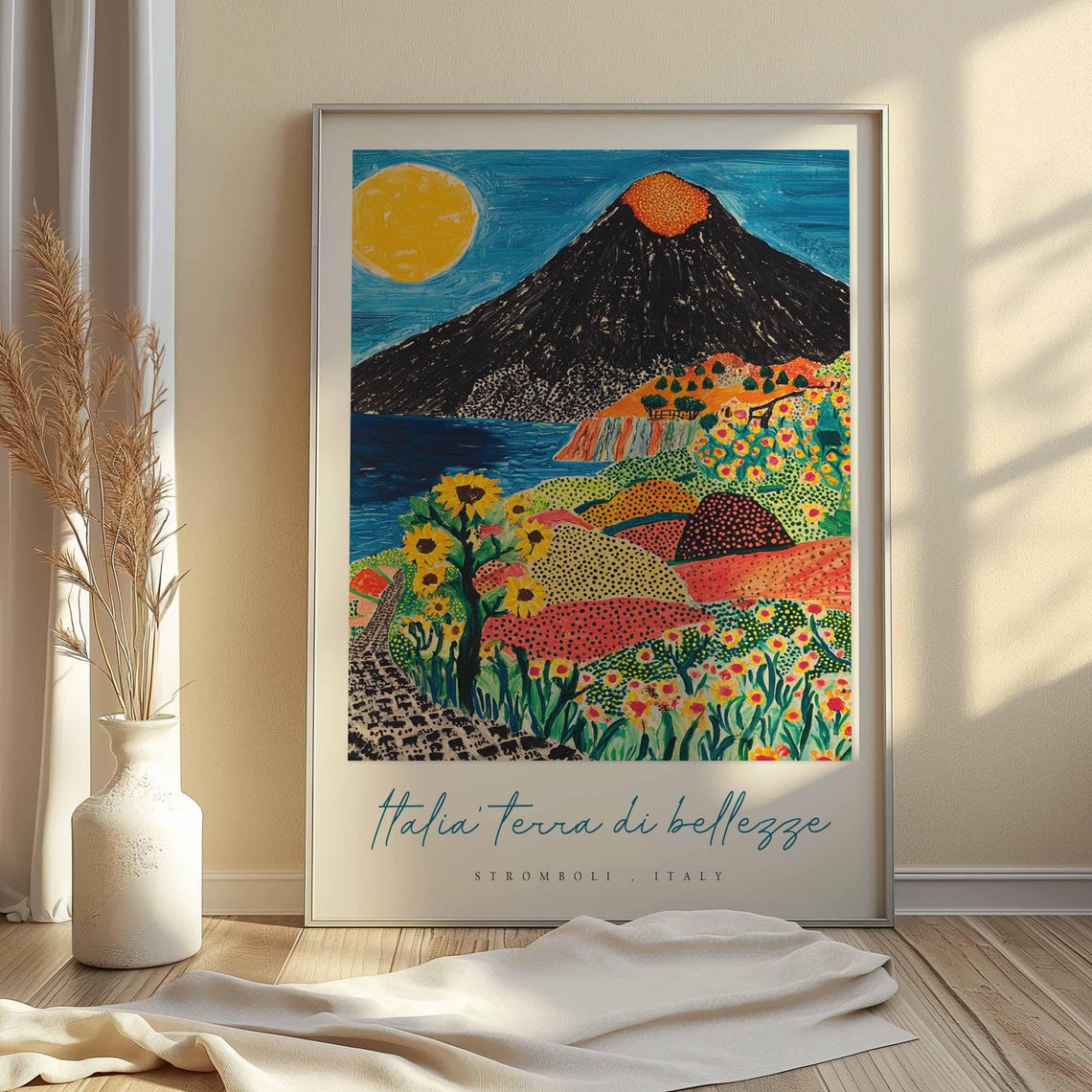 Stromboli Italy Volcano Poster Sunflowers Night Sky Folk Artwork - Image 2