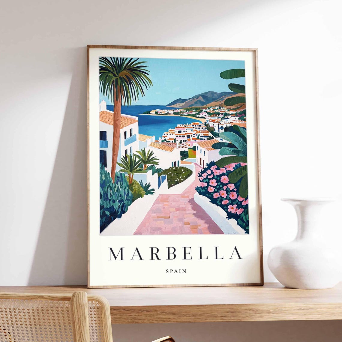 Marbella Spain White Town Pink Path Flowers Scene Art Poster