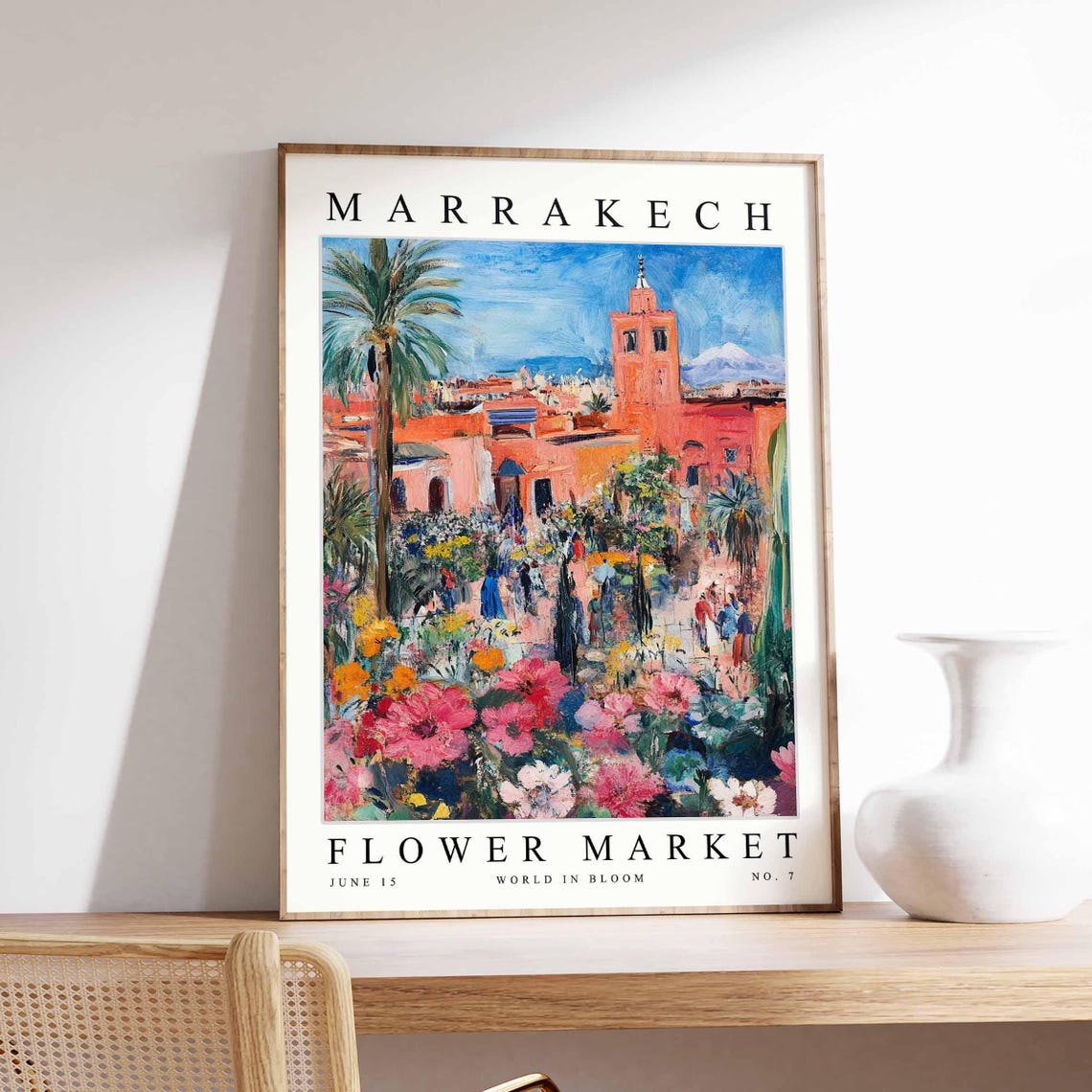Marrakech Flower Market Bustling Red City Square Scene Poster
