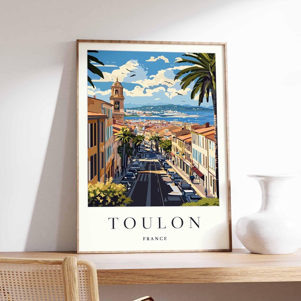 Toulon France Street Scene Church Tower Palms Sea View Poster