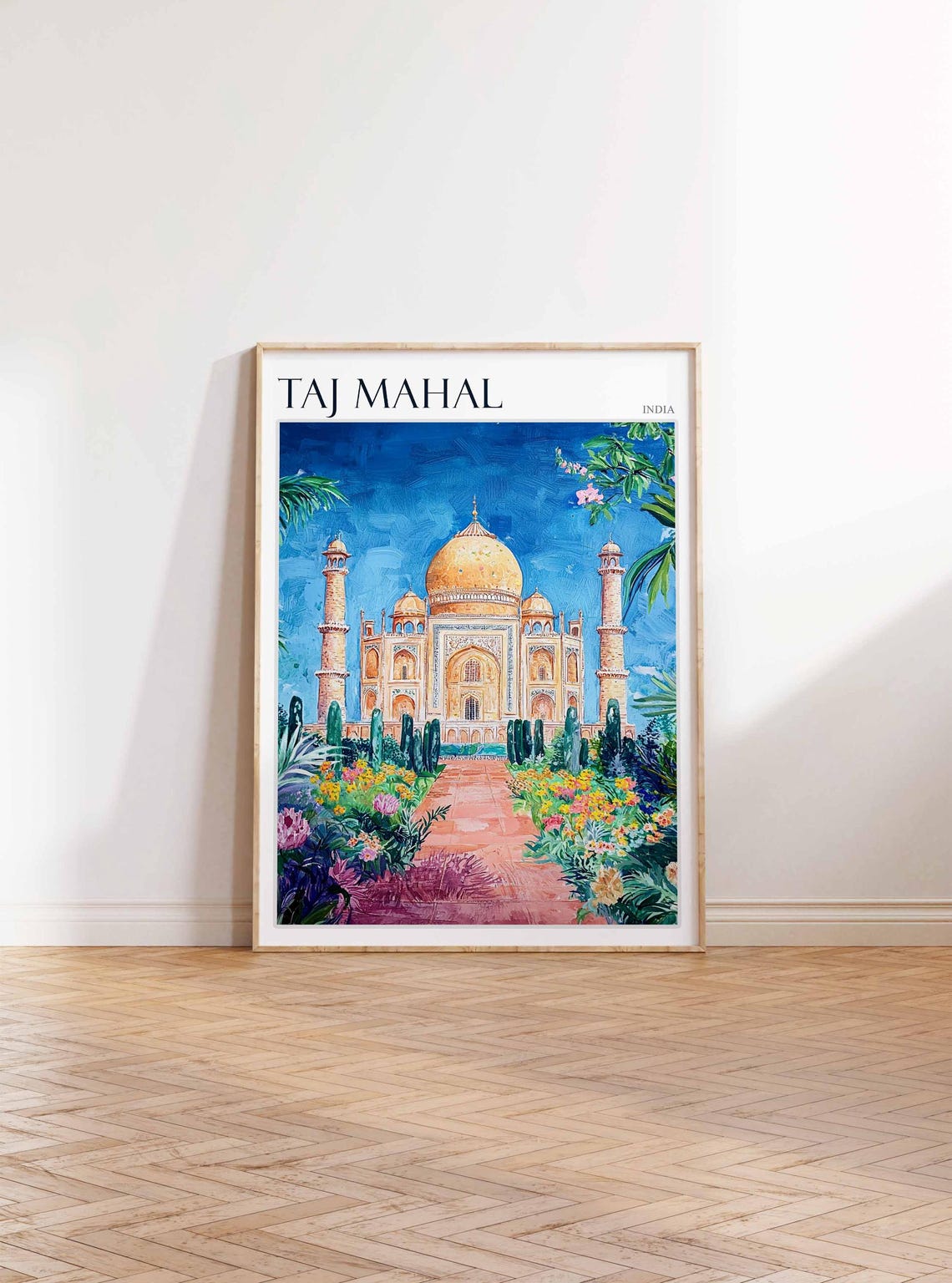 Taj Mahal Flower Garden Walkway Bright Blue Sky Travel Poster - Image 2