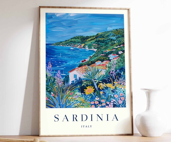Sardinia Italy Travel Poster Vibrant Garden Coastline Art Collection View