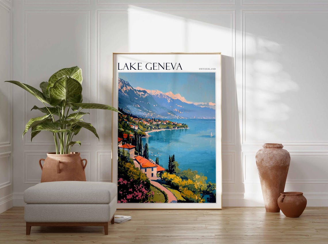 Lake Geneva Poster Switzerland Travel Print Swiss Decor Europe Travel Poster European Wall Art Lake Geneva Travel Poster - Image 2