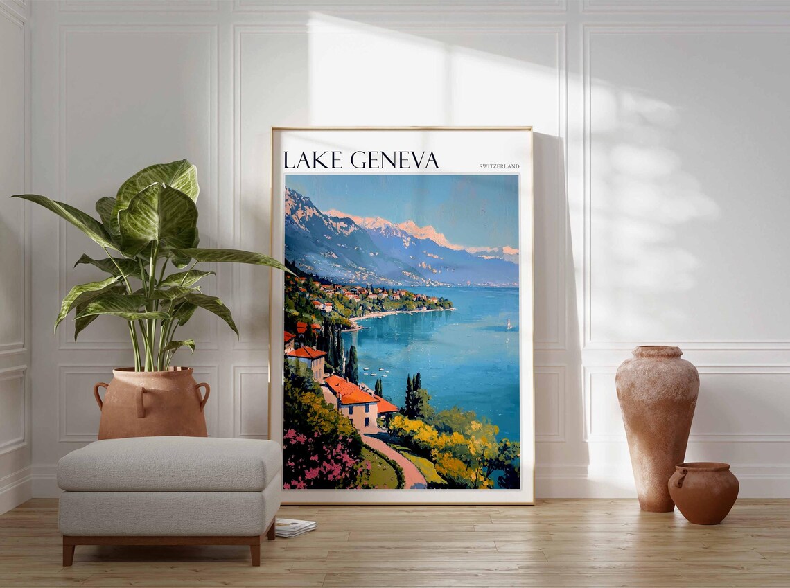 Lake Geneva Switzerland Curving Shoreline Town Alpine Poster - Image 2