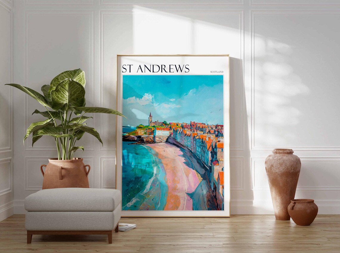 St Andrews Scotland Turquoise Beach Tower Town Sunny Painting Poster - Image 2