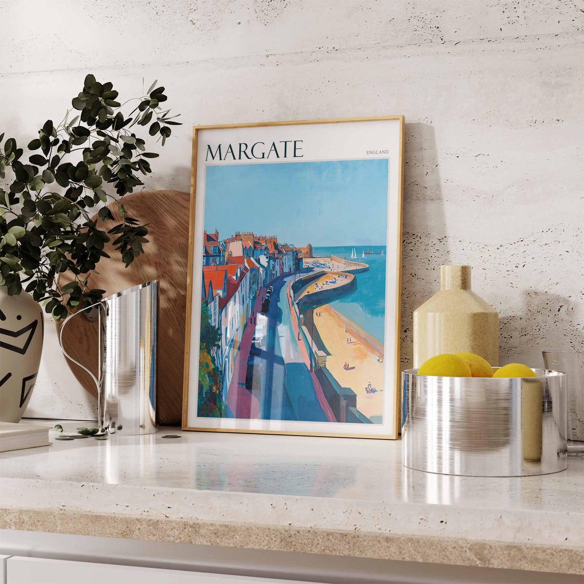 Margate England Sweeping Road to Beach Red Roofs Harbor Poster - Image 2