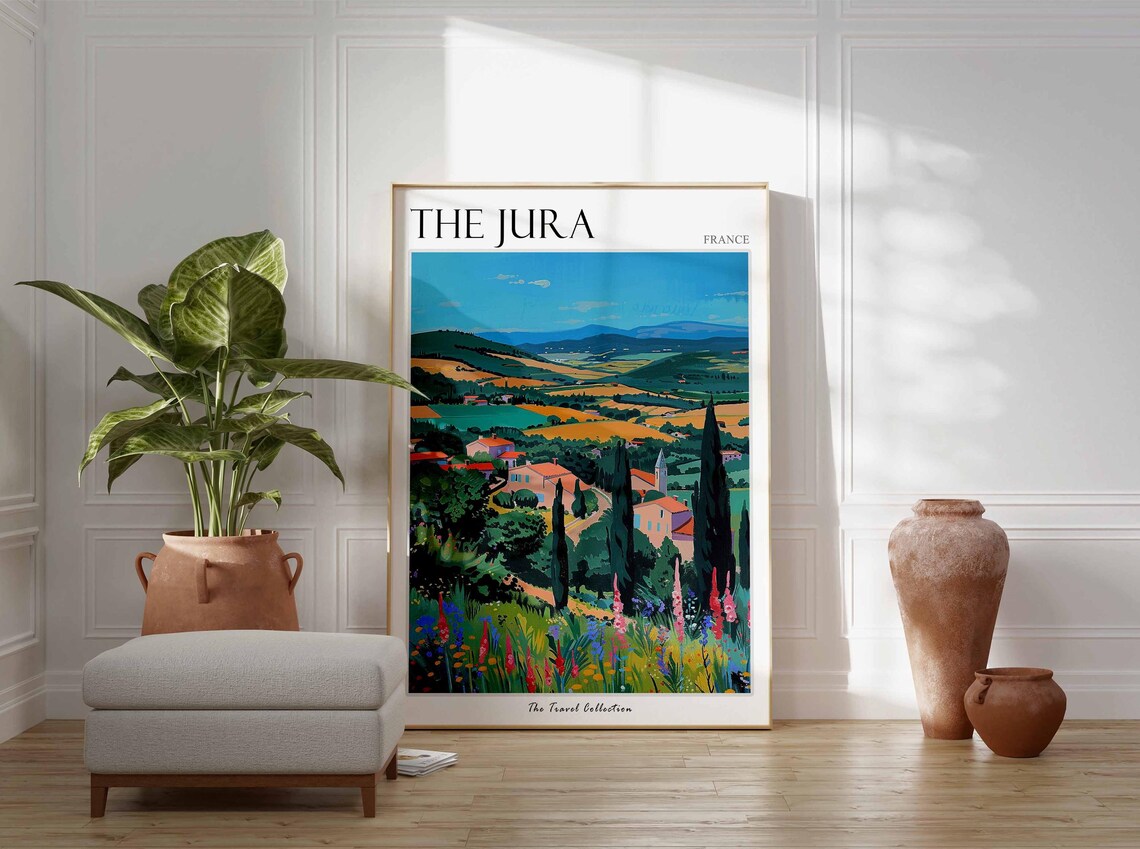 The Jura France Village Cypress Golden Fields Painting Travel Poster - Image 3
