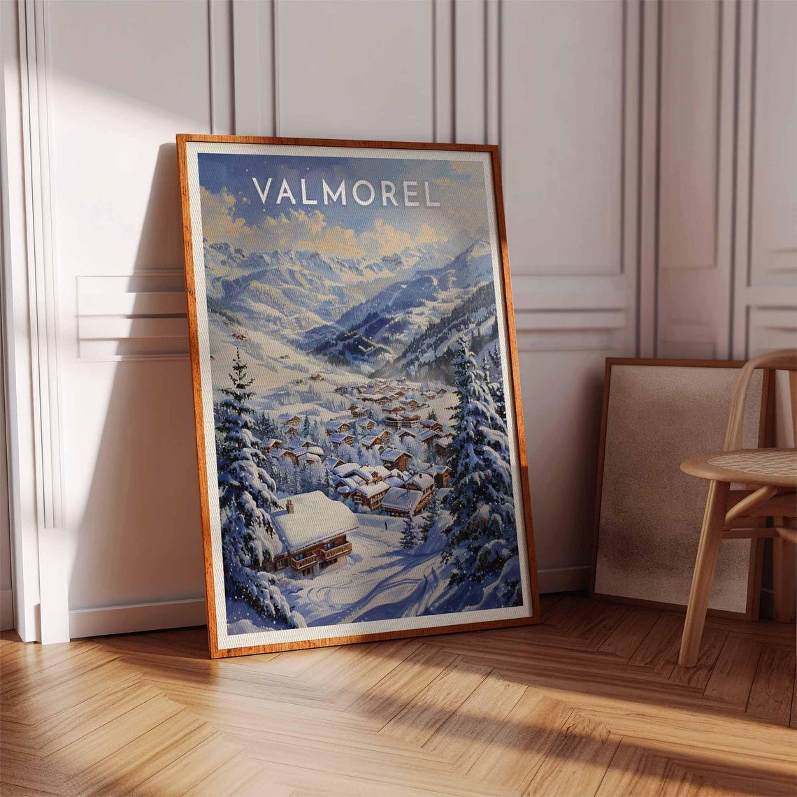 Valmorel Golden Winter Chalet Village Alpine Panorama Vintage Poster - Image 3