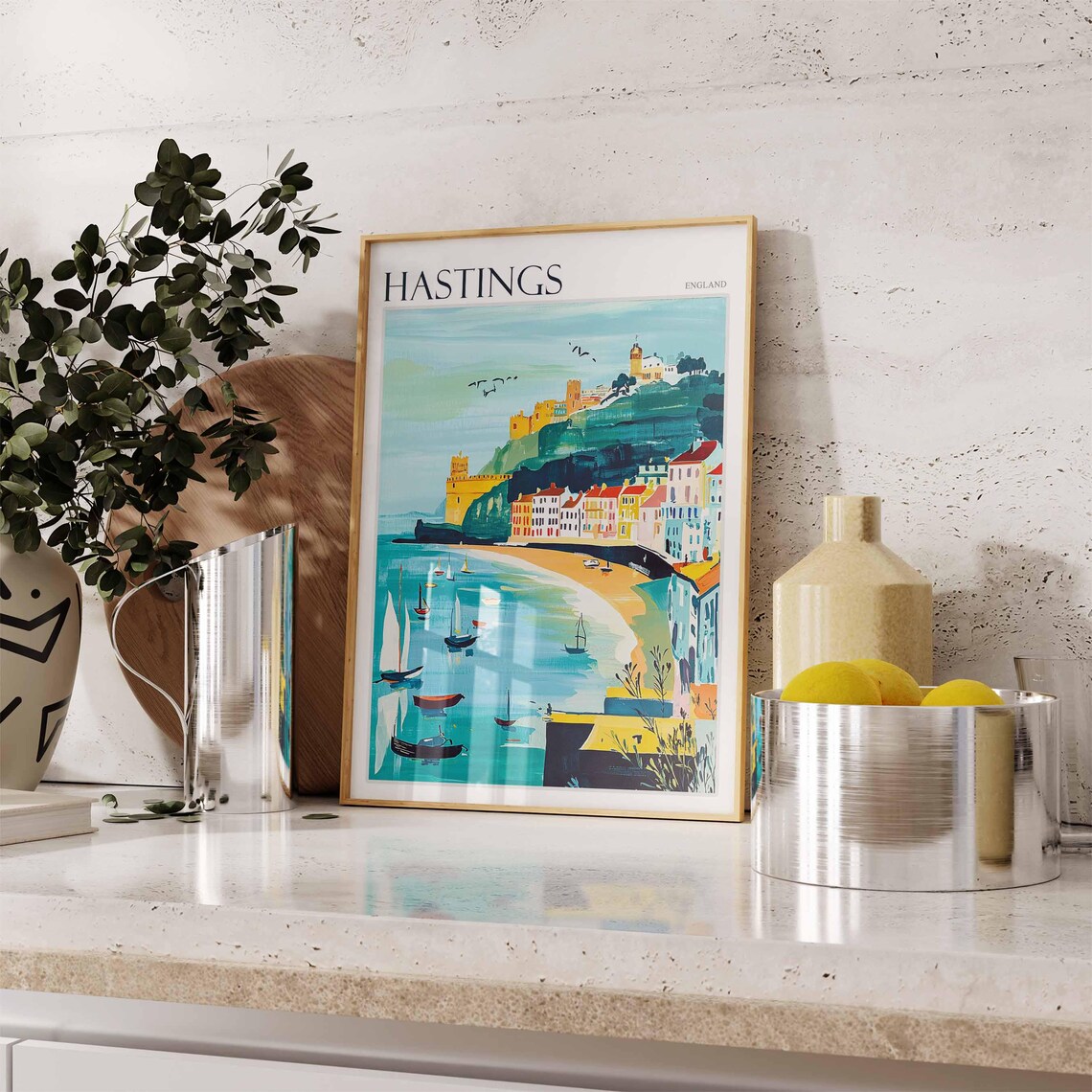 Hastings England Harbor Sailboats Pastel Beach Houses Poster - Image 2