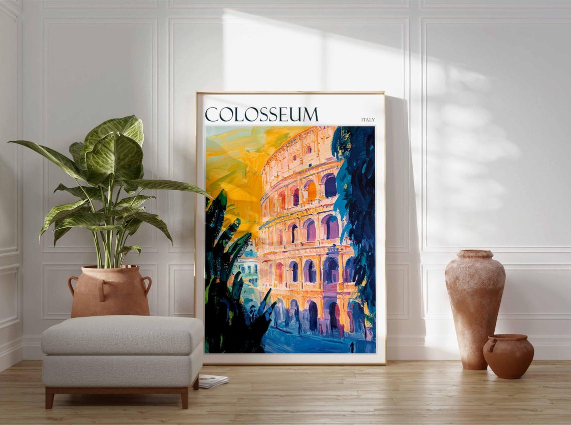 Colosseum Italy Rome Golden Sky Dramatic Close View Painting Poster - Image 2