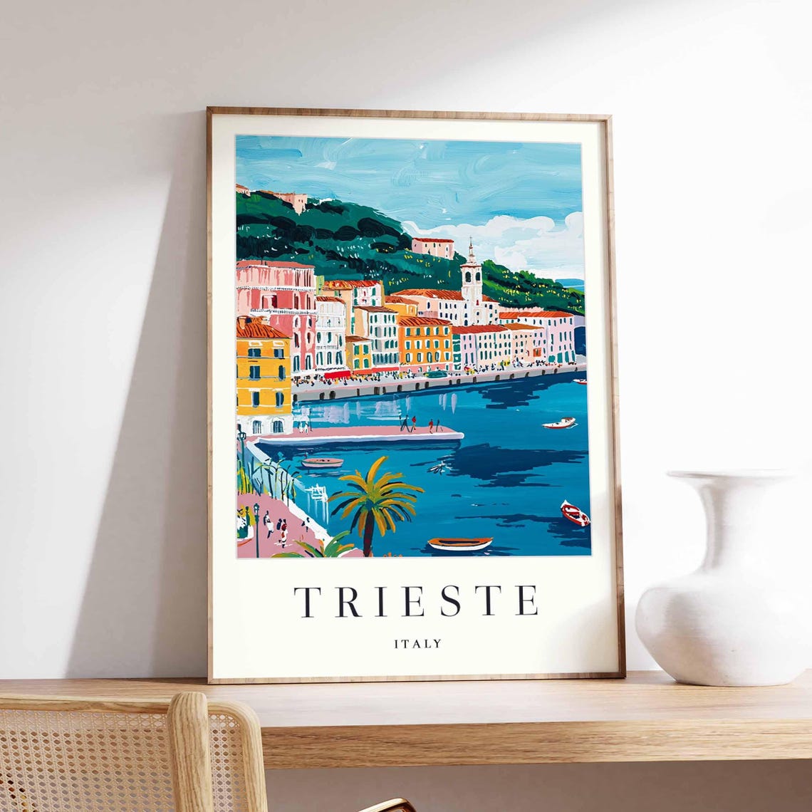 Trieste Italy Sunny Pink Waterfront Boats Harbor Promenade Poster
