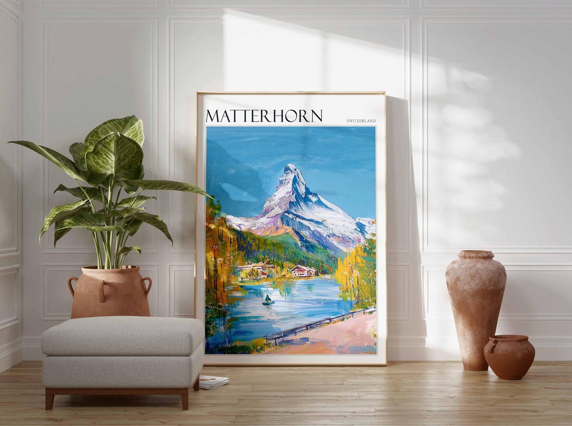 Matterhorn Switzerland Lake Rowboat Autumn Trees Water Art Poster - Image 3