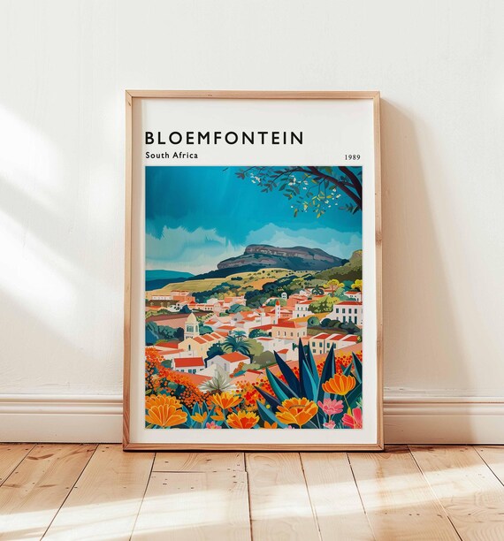 Bloemfontein South Africa 1989 Flower Town Hillside Watercolor Travel Poster