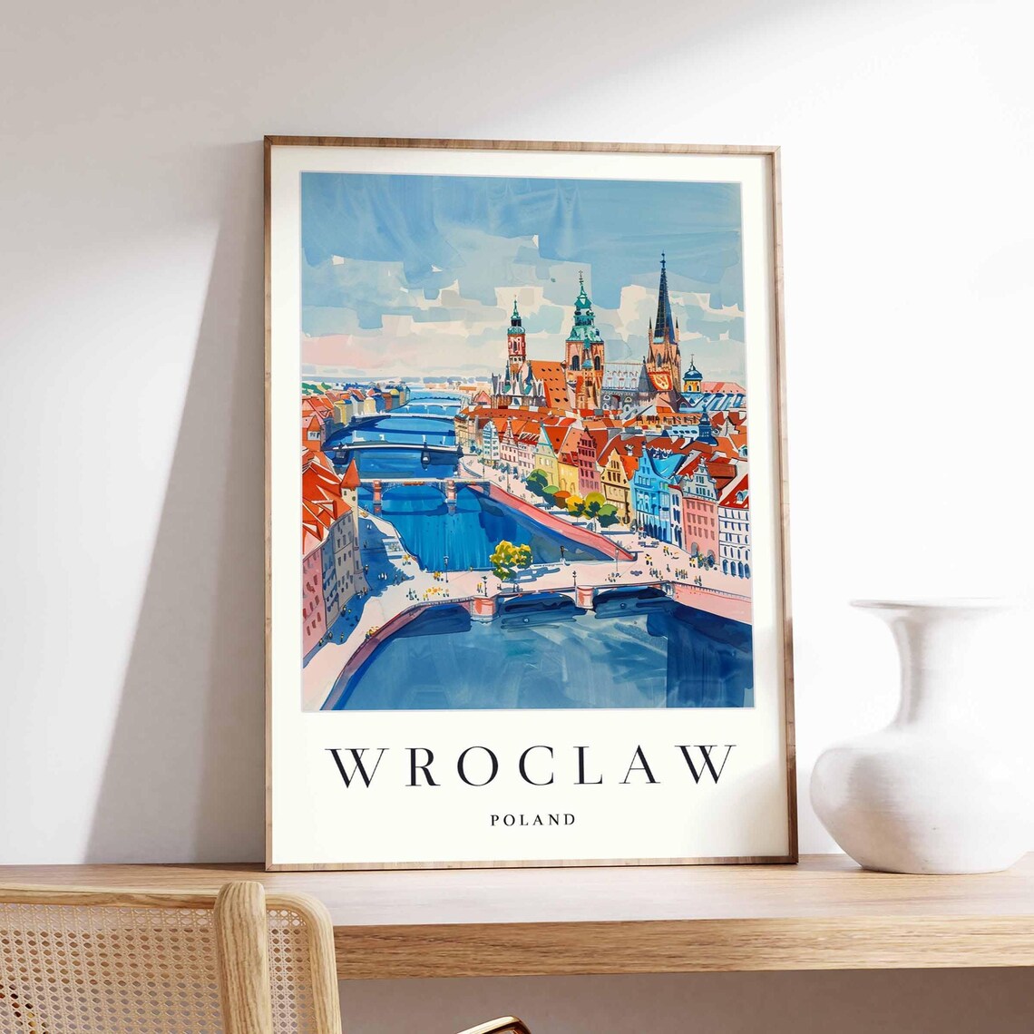Wroclaw Poland Old Town Riverfront Aerial Watercolor Travel Poster