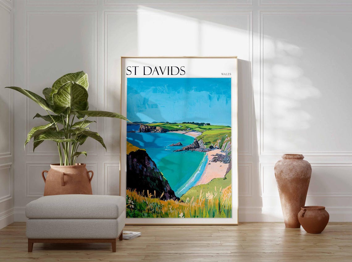 St Davids Wales Bright Turquoise Cove Dark Cliffs Sea View Poster - Image 2