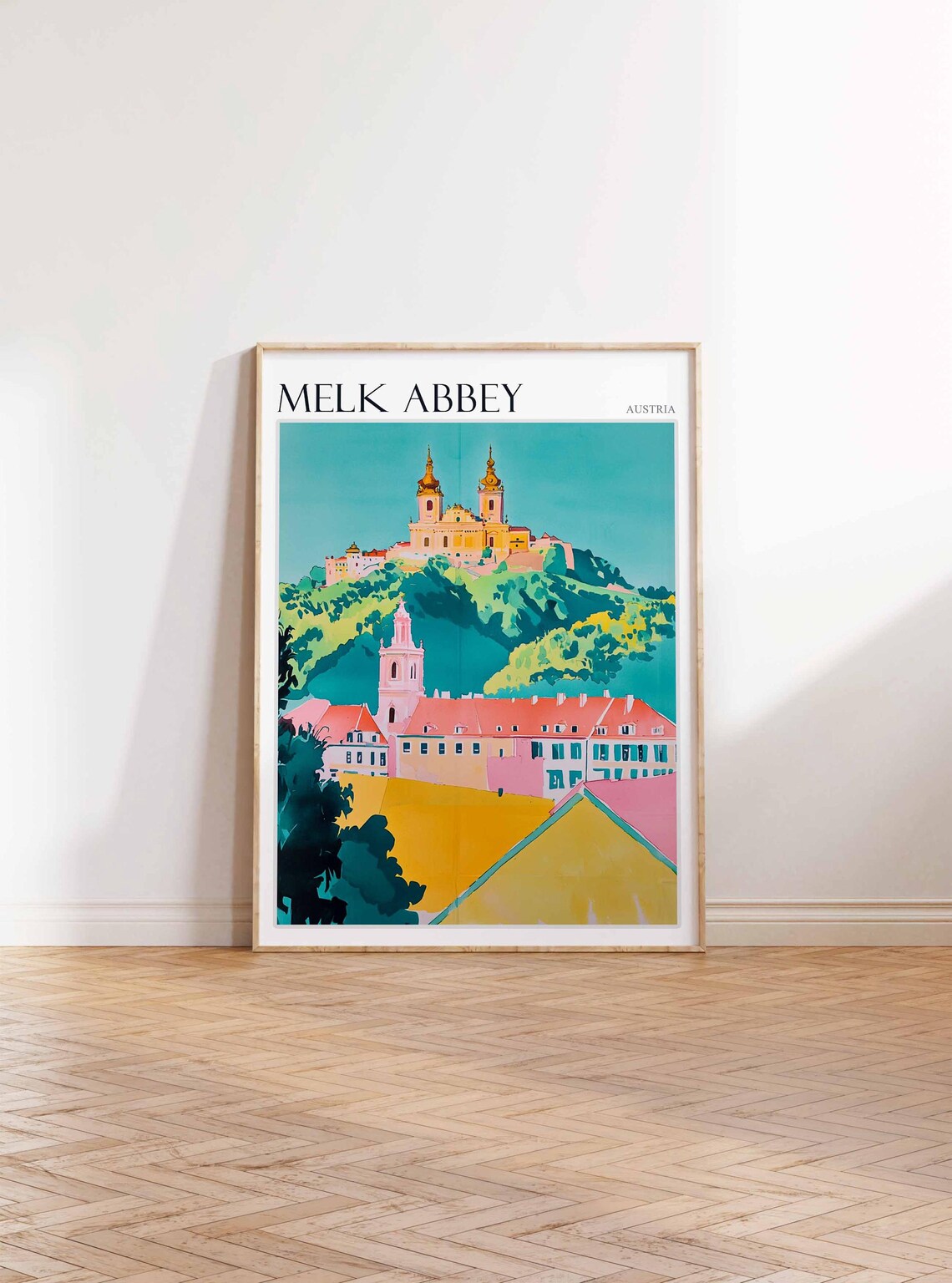 Melk Abbey Austria Twin Towers Above Pastel Town Travel Poster - Image 4