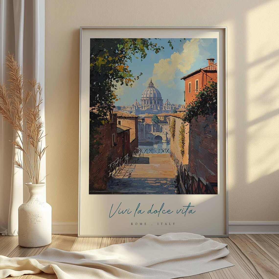 Rome Italy St Peters Dome Alley View Tiber Bridge Oil Art Poster - Image 2