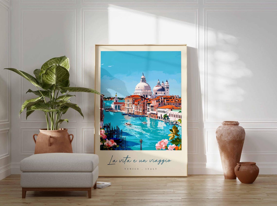 Venice Italy Basilica della Salute Canal Floral Illustration Poster - Image 3