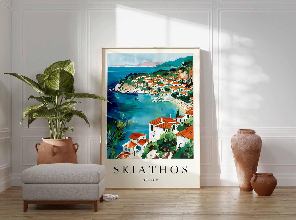 Skiathos Greece Sailboats Anchored Below the White Hill Town Poster - Image 4