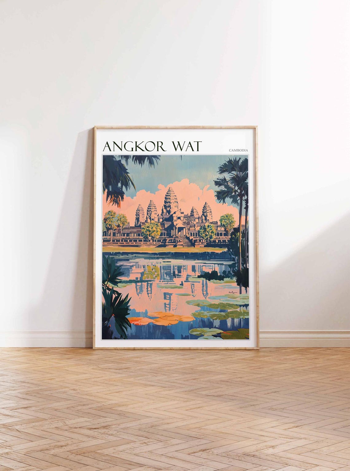 Angkor Wat Cambodia Temple Reflection Lily Pads Palm Trees Poster - Image 2