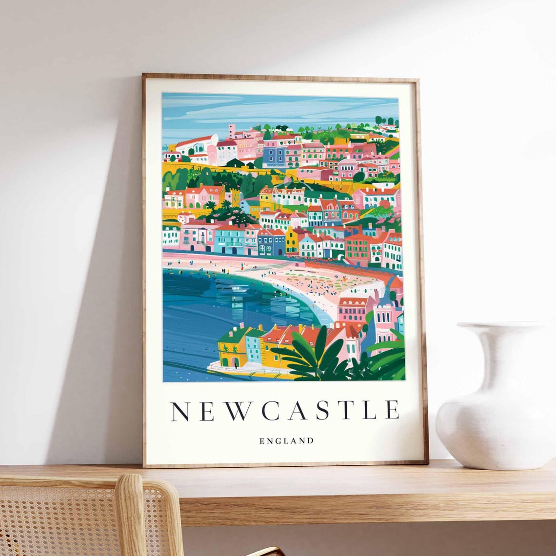 Newcastle England Seaside Town Beach Panorama Illustrated Poster