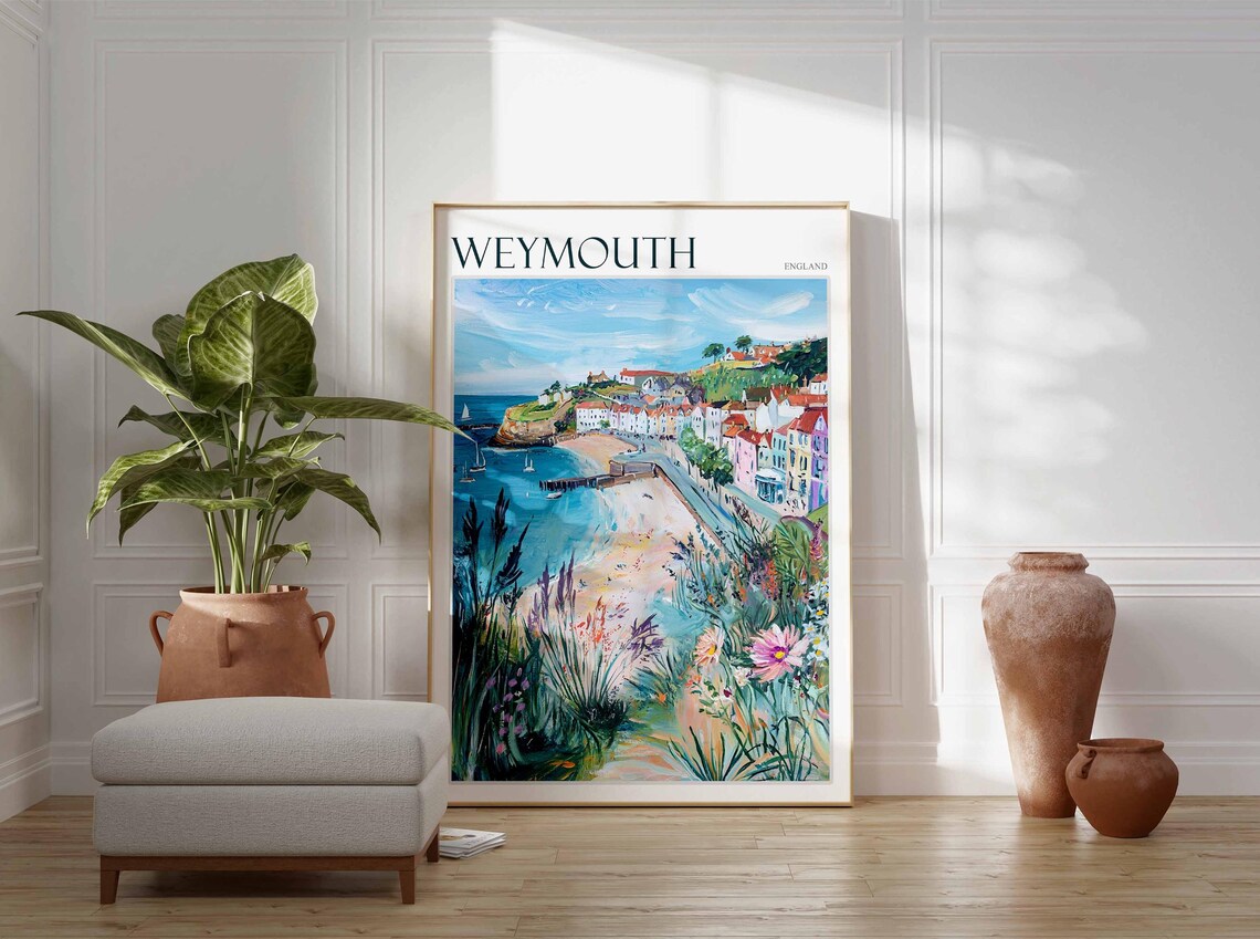 Weymouth Harbour Sailboats Wildflowers Colorful Houses Art Poster - Image 2