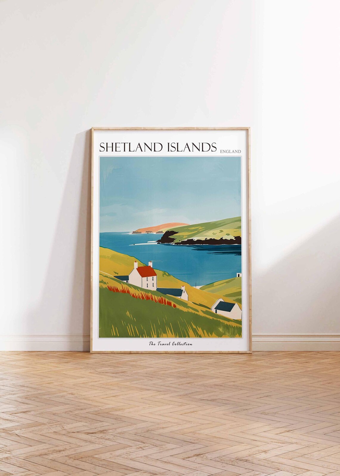 Shetland Islands Red Roof House Golden Hillside Sea Travel Poster - Image 2