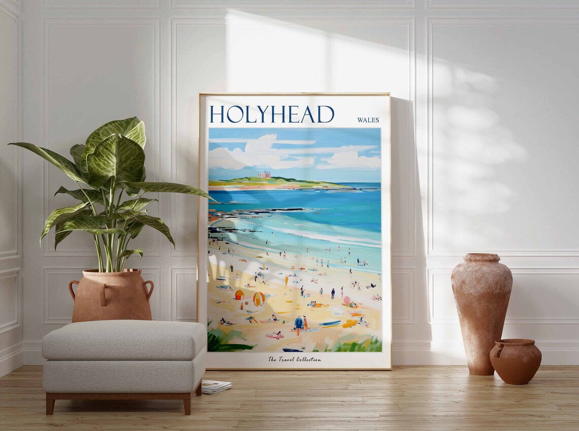 Holyhead Wales Sandy Beach Umbrellas Turquoise Sea View Poster - Image 3
