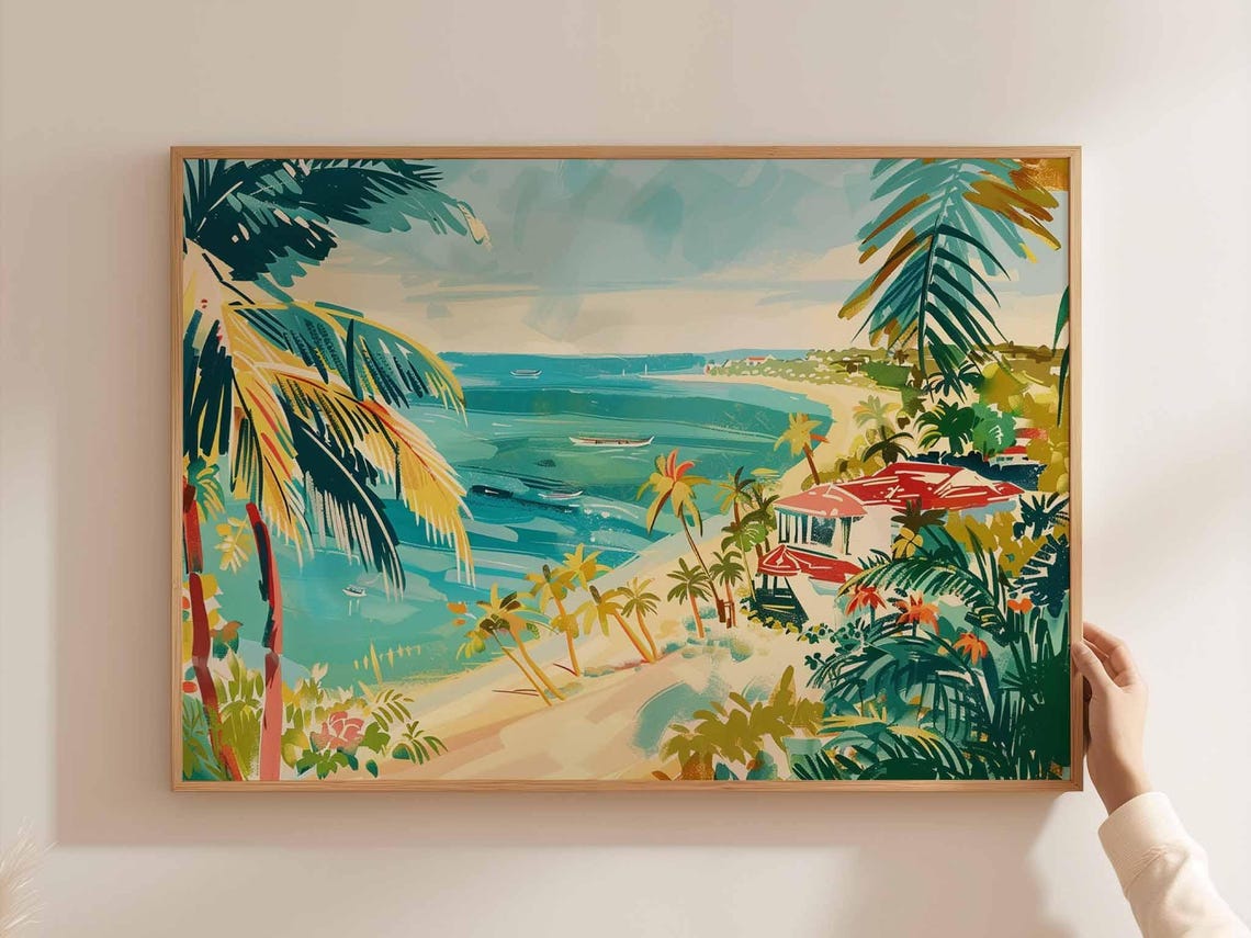 Pastel Beach View Through Palm Trees With Boats And Red Roofs Poster