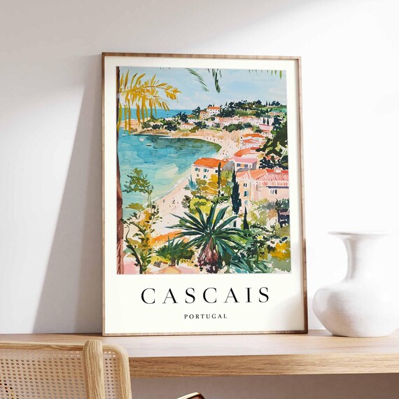 Cascais Portugal Turquoise Beach Cove Palm Tree Watercolor Poster