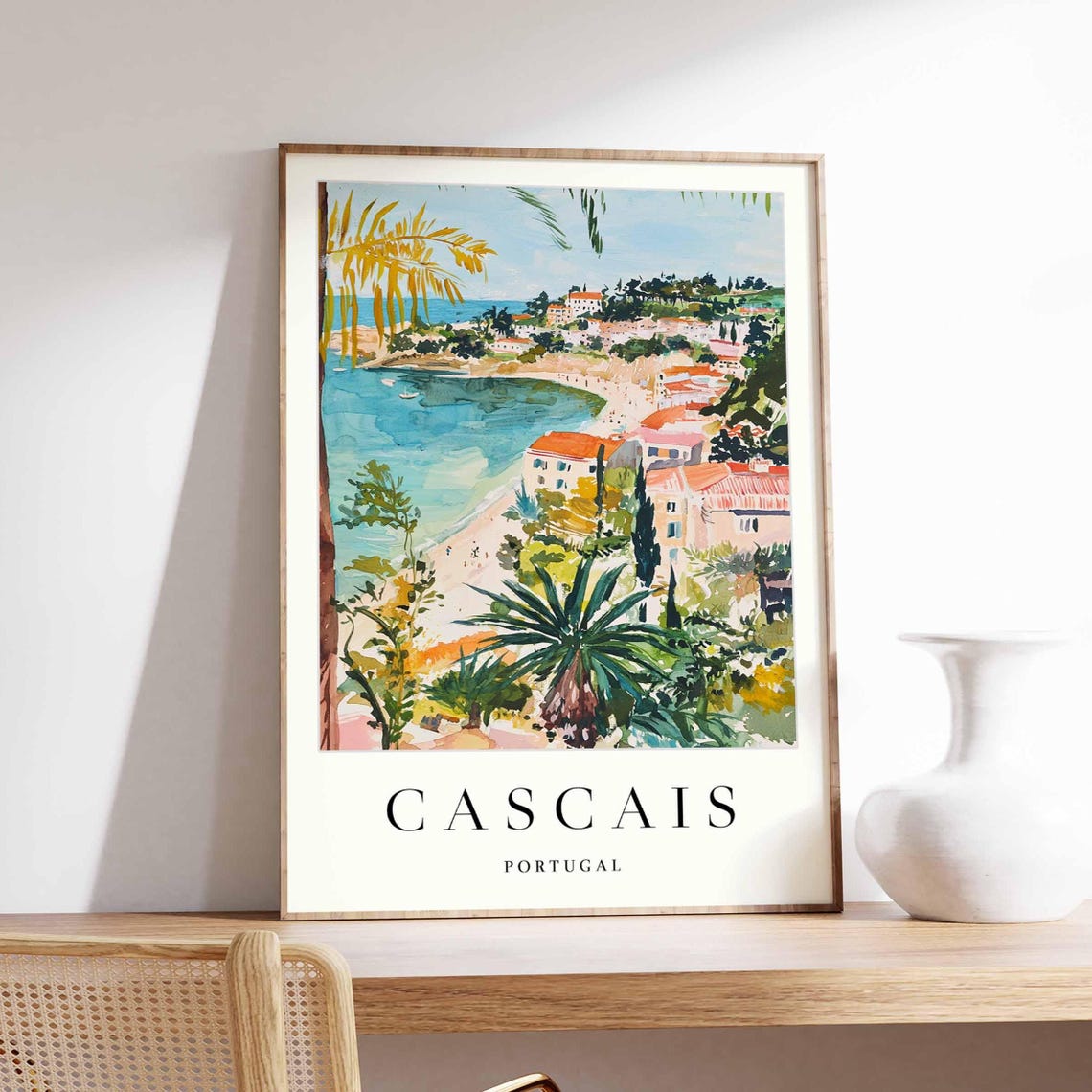 Cascais Portugal Turquoise Beach Cove Palm Tree Watercolor Poster