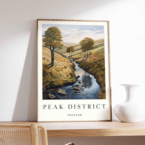 Peak District England Autumn Stream Landscape Watercolor Poster Art